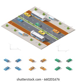 Bus stop and two way road architecture isometric icon set vector graphic illustration design