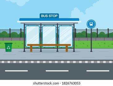 Bus stop vector flat illustration background, blue sky with clouds