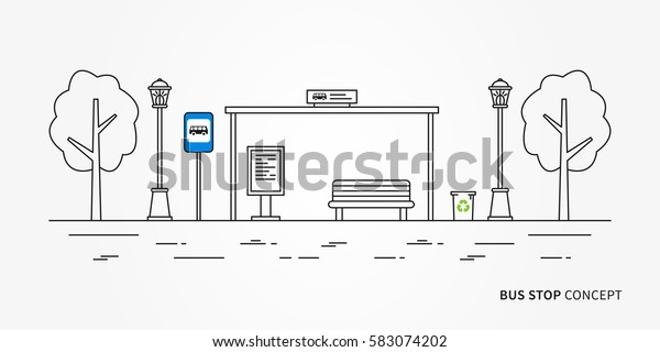 バス停のベクター画像イラスト 公共交通局の線画のコンセプト 道路標示のグラフィックデザインの都市バスターミナル のベクター画像素材 ロイヤリティフリー