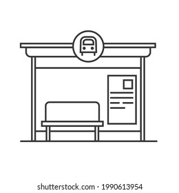 Bus stop vector line art illustration. Public transport station, bus terminal. Vector outline isolated illustration on white background