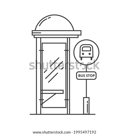 Bus stop vector line art illustration. Public transport station, bus terminal. Vector outline isolated illustration on white background