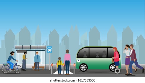 Bus stop where an electrified self-driving bus arrives as well as a pedestrian crossing with warning lights.