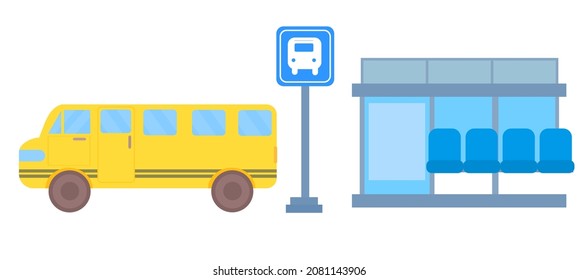 Bus stop and yellow school bus.Back to school for kids.Transport service and vehicle concept.City public, street and road.Flat design.Cartoon vector illustration.Sign, symbol, icon or logo isolated.