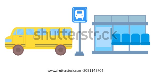 Bus stop and yellow school bus.Back to school\
for kids.Transport service and vehicle concept.City public, street\
and road.Flat design.Cartoon vector illustration.Sign, symbol, icon\
or logo isolated.