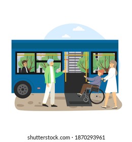 Bus Stop. Young Woman Helping Disabled Man Sitting In Wheelchair To Board City Public Transport Using Wheelchair Access Ramp, Flat Vector Illustration. Disabled Person Lifestyle. Bus Accessibility.
