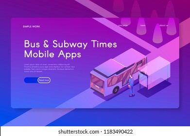 Bus and Subway Times Mobile apps. Isometric modern vector illustration.