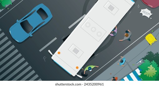 The bus suddenly turned to pick up passengers at a stop.