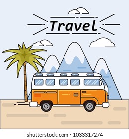 Bus summer trip vector illustratione on summer holidays. Traveler bus poster. Palm fnd vountains background on road trip. Tourism concept, cartoon style