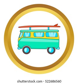 Bus with surfboard vector icon in golden circle, cartoon style isolated on white background