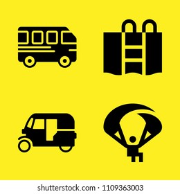 bus, swimming pool, parachuting and tuk tuk vector icon set. Sample icons set for web and graphic design