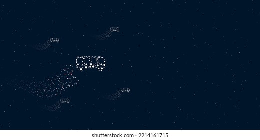 Un símbolo de autobús lleno de puntos vuela por las estrellas dejando un rastro detrás. Cuatro pequeños símbolos alrededor. Espacio vacío para texto a la derecha. Ilustración vectorial sobre fondo azul oscuro con estrellas