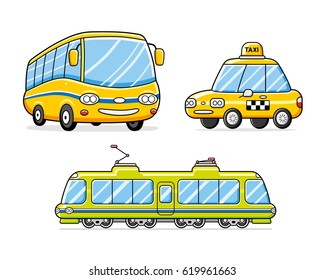 Bus, taxi cab, train or tram isolated. Public city transport vector set. 