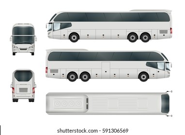 Bus template for car branding and advertising. Isolated coach set on white background. All layers and groups well organized for easy editing and recolor. View from side, front, back, top.