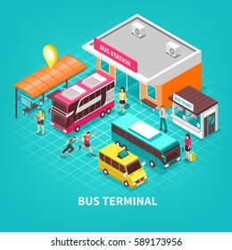 Bus terminal with building station public transport tourists and ticket office on turquoise background isometric vector illustration