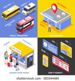 Bus terminal isometric design concept with public transport ticket office and tourists mobile technologies isolated vector illustration