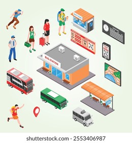 Bus Terminal Isometric Set bench baggage