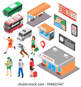 Bus terminal isometric set with tourists ticket office and platform vehicles route and timetable isolated vector illustration