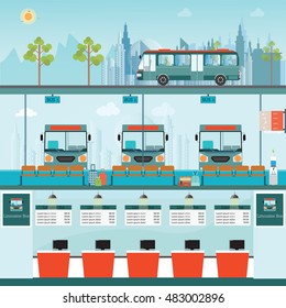 Bus terminal with bus limousine with counter service and waiting for bus, business travel , transportation vector illustration.