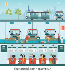 Bus terminal with bus limousine with people buying ticket at counter service and waiting for bus, business travel , transportation vector illustration.