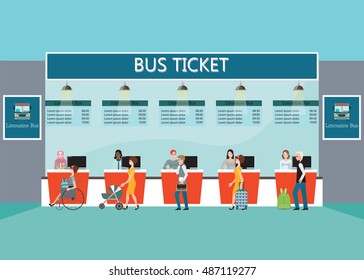 Bus terminal with people buying ticket at counter service, business travel , transportation flat design vector illustration.