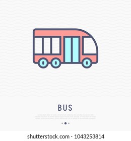 Bus thin line icon, side view. Modern vector illustration of public transport.