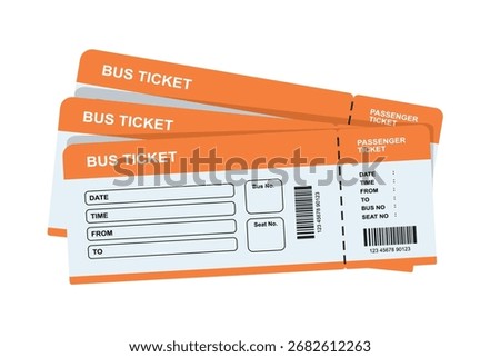 Bus Ticket Graphic Set. Set of Bus Ticket Illustrations. Orange Bus Tickets Passenger Passes for Transportation