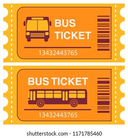 Bus ticket. Vehicle passenger transport. Flat vector.Isolated on a white background.City bus side view and front view.