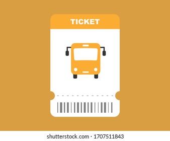 Bus ticket in yellow flat design with barcode. Pass card for auto transport. Trip by bus isolated coupon. Vector EPS 10.