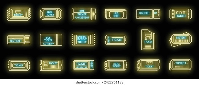 Bus ticketing card icons set. Outline set of bus ticketing card vector icons neon color on black