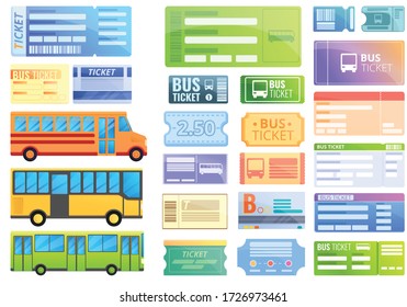 Bus ticketing icons set. Cartoon set of bus ticketing vector icons for web design