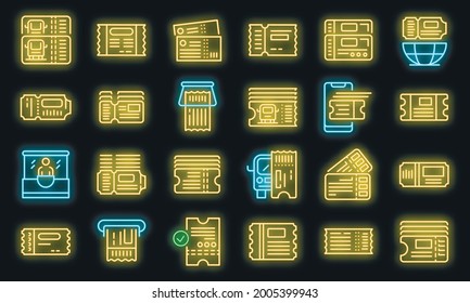 Bus ticketing icons set. Outline set of bus ticketing vector icons neon color on black