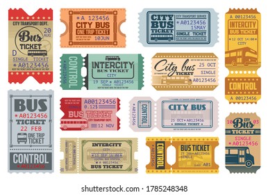 Bus tickets retro coupons, city public transport and intercity bus trip. Vector vintage one way and single trip tickets templates of paper and cardboard with date, time and control number perforation
