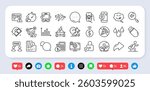 Bus, Timer and Search text line icons pack. Social media: share, comment, like icons. Finance calculator, Messenger, Internet warning web icon. Video conference, Settings, Airplane pictogram. Vector