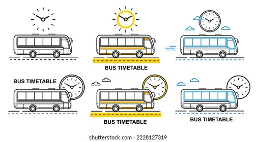 Bus timetable, travel schedule time, arrival, departure hour city public passenger transport line icon set. Autobus with clock. Road tourist trip info. Buy ticket. Waiting urban transportation. Vector