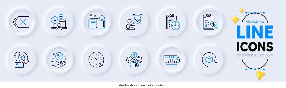 Recorrido en autobús, informe contable y Eliminar iconos de línea para el App de Web. Paquete de economía compartida, transferencia de dinero, iconos de pictogramas manuales. Paquete de devolución, tiempo del examen, 24 horas de señales. Trabajo en línea. Vector