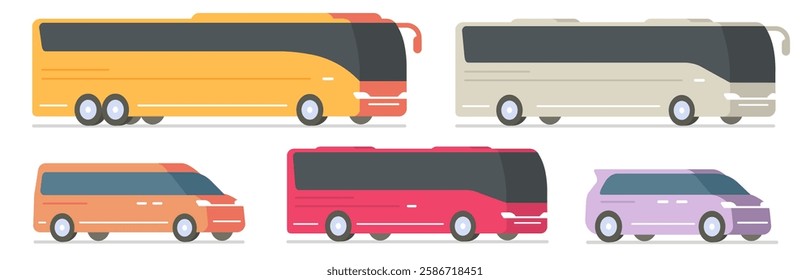 Bus tour coach transport vehicle icon vector graphic, minimus can charter shuttle transportation illustration modern set isolated cut out on white background, big small travel minivan side 3d flat