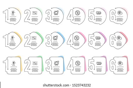 Bus tour, Lighthouse and Bus parking line icons set. Infographic timeline. World globe, Waves and No parking signs. Transport, Navigation beacon, Public park. Around the world. Vector