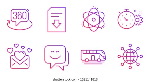 Bus tour, Love mail and Smile face line icons set. 360 degree, Atom and Download file signs. Cogwheel timer, International globe symbols. Transport, Valentines letter. Technology set. Vector