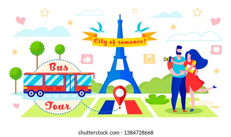 Bus Tour to Romantic City Vector Illustration. In Foreground Eiffel Tower in Paris. Loving Couple Came on Tour by Red Bus. Pleasant Rest Restoring Relationships with Married Couples.