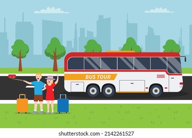 Bus tour vector concept. Happy young couple take selfie photo with a bus tour while standing with luggage