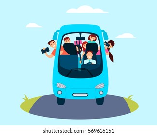 Bus with tourists driving on the road. Flat design. Vector illustration 