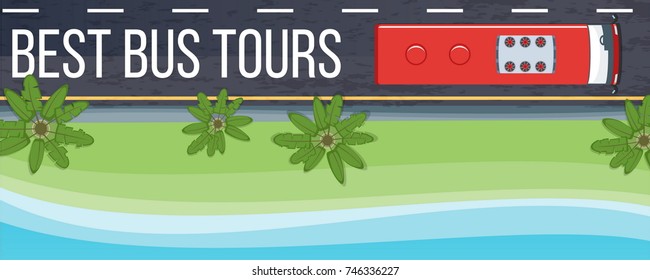 Bus tours banner. Bus going on the road. Vector illustration
