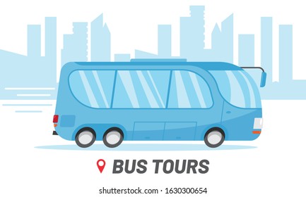 Bus tours travel company template. Riding bus in city vector illustration