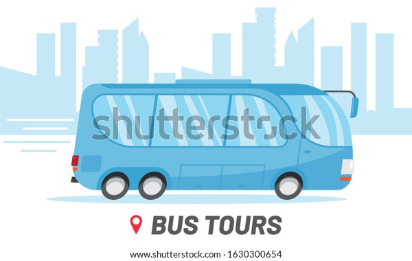 Bus tours travel company template. Riding\
bus in city vector\
illustration