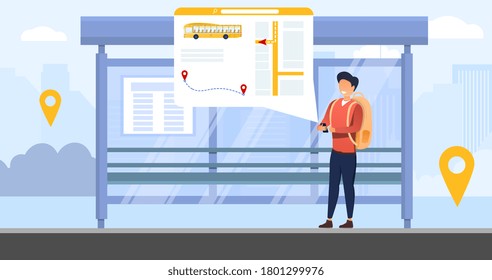 Bus tracking system with person waiting at at the bus stop tracking the vehicle on an online transport app, colored vector illustration