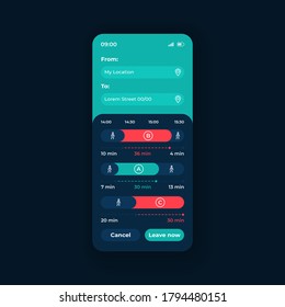 Bus traffic app smartphone interface vector template. Mobile app page night theme design layout. Public transport search screen. Flat UI for application. Buses schedule on phone display
