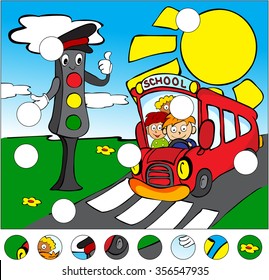 Bus and traffic lights on the road on a pedestrian crossing. complete the puzzle and find the missing parts of the picture. Vector illustration. Educational game for kids