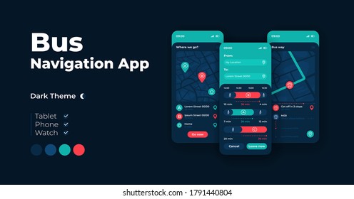 Bus traffic navigation cartoon smartphone interface vector templates set. Mobile app screen page night mode design. Passenger transport routes UI for application. Phone display with flat illustration