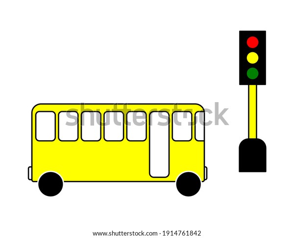 Bus\
and trafic light image isolated on white\
background.