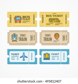 Bus, Train, Airplane Tickets Flat Design Style Icon. World Traveler Set. Vector Illustration Of Creative Ticket Elements With Thin Line Icons